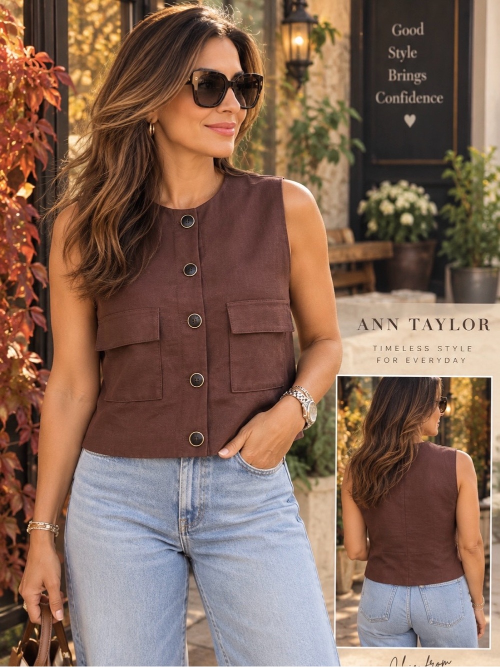 Ann Taylor Linen Brown Button-Front Sleeveless Utility Vest, New sz 12P